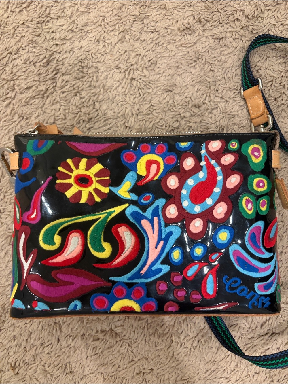 Consuela Midtown Black Multicolor Floral Embroidered Crossbody Bag